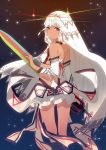  1girl altera_(fate) back bangs dark_skin fate/grand_order fate_(series) frilled_skirt frills from_behind hand_up highres holding holding_sword holding_weapon light_particles long_hair looking_at_viewer looking_back red_eyes ronopu skirt sky solo sword thighs weapon white_hair white_skirt 