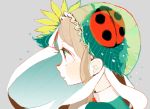  1girl beetle blush brown_eyes brown_hair collared_shirt ears flower insect ladybug leaf leaf_hat leaf_on_head long_hair nucco original profile shirt simple_background solo sunflower surreal 
