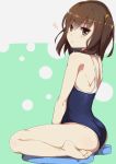  1girl ass back bangs barefoot between_legs blush brown_eyes brown_hair from_side frown green_background grey_background hair_between_eyes hand_between_legs highres looking_at_viewer looking_back original school_swimsuit short_hair simple_background sitting soles solo sorano_(12gou) swimsuit thighs two-tone_background wariza 