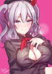  1girl arm_at_side artist_name azumi_akitake blouse blue_eyes blush bow breasts cleavage_cutout grey_blouse hair_bow hand_on_own_chest kantai_collection kashima_(kantai_collection) large_breasts lips long_hair looking_at_viewer open_blouse open_clothes parted_lips pink_background signature silver_hair simple_background twintails unbuttoned upper_body wavy_hair 