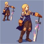  1girl agrias_oaks armor blonde_hair blue_background boots breastplate final_fantasy final_fantasy_tactics fire gloves knee_pads long_hair multiple_views pixel_art purple_fire shirosu simple_background solo sword weapon 