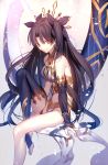  1girl arm_support armlet bangs bare_shoulders black_gloves black_hair black_legwear black_ribbon blurry breasts bridal_gauntlets closed_mouth crown depth_of_field earrings fate/grand_order fate_(series) from_side gloves gradient gradient_background hair_intakes hair_ribbon highres hoop_earrings ishtar_(fate/grand_order) jewelry knee_up long_hair looking_at_viewer medium_breasts navel necklace petals red_eyes ribbon shinooji smile solo stomach toeless_legwear tohsaka_rin two_side_up very_long_hair 
