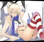  1girl :&lt; armpits arms_behind_head ass black_panties blonde_hair blue_eyes blue_scarf breasts elbow_gloves expressionless gloves hair_over_shoulder hairband highleg highleg_panties isshiki_(ffmania7) kantai_collection long_hair lying midriff navel on_back panties scarf shimakaze_(kantai_collection) sketch small_breasts striped striped_legwear thighs underwear 