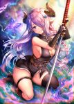  1girl black_gloves black_legwear blue_eyes blush braid breasts butterfly doraf elbow_gloves fingerless_gloves gloves granblue_fantasy hair_ornament hair_over_one_eye hairclip horns katana kneeling large_breasts lavender_hair long_hair looking_at_viewer low_tied_hair narumeia_(granblue_fantasy) nishizawa pointy_ears single_braid single_thighhigh sleeveless smile solo sword thigh-highs thigh_strap thighs weapon 