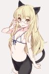  1girl animal_ears bikini_top black_legwear blonde_hair cat_ears cat_tail front-tie_top glasses kawata_hisashi long_hair looking_at_viewer open_mouth pantyhose perrine_h_clostermann simple_background sketch smile solo strike_witches tail world_witches_series yellow_eyes 