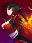 1girl breasts citron_82 fate/empire_of_dirt fate_(series) fire japanese_clothes kimono liu_xiu_(fate/empire_of_dirt) long_hair looking_at_viewer original ponytail red_eyes redhead smile 