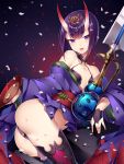 1girl absurdres ass bare_shoulders belly_peek blade bottle breasts collarbone fangs fate/grand_order fate_(series) fingerless_gloves gem gloves hair_ornament highres japanese_clothes kimono kimono_pull looking_at_viewer may_(2747513627) navel obi oni_horns open_mouth petals purple_hair revealing_clothes sakazuki sake_bottle sash short_hair shuten_douji_(fate/grand_order) small_breasts solo thick_eyebrows thigh-highs thighs tongue tongue_out violet_eyes