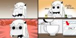  (o)_(o) 4koma closed_eyes coffee coffee_cup collar comic commentary_request drinking engrish horns kantai_collection kettle long_hair looking_at_viewer mittens moomin moomintroll muppo northern_ocean_hime pouring ranguage salt sazanami_konami spit_take spitting spoon stirring white_hair 