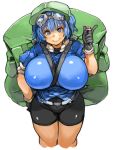  1girl backpack bag between_breasts bike_shorts blue_eyes breasts controller goggles goggles_on_head hat huge_breasts kawashiro_nitori looking_at_viewer remote_control sachito short_hair simple_background smile solo strap_cleavage touhou two_side_up white_background 