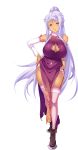  1girl absurdres artist_request blue_eyes boots breasts china_dress chinese_clothes cleavage cleavage_cutout dark_skin detached_sleeves dress female full_body hands_on_hips highres koihime_musou kougai large_breasts lavender_hair long_hair looking_at_viewer mole mole_under_mouth official_art pelvic_curtain ponytail sidelocks silver_hair simple_background sleeveless smile solo standing thigh-highs transparent_background very_long_hair 