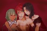  3girls :d :o arm_grab arm_hug armlet bare_shoulders black_gloves black_hair blush breasts cinder_fall cleavage cleavage_cutout collarbone dark_skin elbow_gloves emerald_sustrai female girl_sandwich gloves glowing_eyes grabbing grabbing_from_behind green_eyes green_hair hair_over_one_eye head_tilt highres hug jewelry large_breasts long_hair looking_at_another merry_(168cm) multiple_girls nail_polish open_mouth ponytail pyrrha_nikos red_background red_eyes red_nails redhead rwby sandwiched shy smile strapless sweat tiara upper_body wrist_grab yellow_eyes yuri 