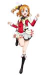  1girl blue_eyes boots bow earrings frills full_body hair_ornament hairclip highres jacket jewelry knee_boots kousaka_honoka leg_up looking_at_viewer love_live! love_live!_school_idol_festival love_live!_school_idol_project open_mouth orange_hair pleated_skirt ribbon side_ponytail simple_background skirt smile solo standing thigh_strap white_background 