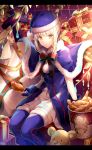  1girl :t bag bangs blonde_hair blue_dress blue_legwear braid branch colonel_sanders dress eating excalibur fate/grand_order fate_(series) food fur_trim gift green_ribbon hat holding holding_food kfc leaf legs_together letterboxed looking_at_viewer no_legwear red_ribbon ribbon saber saber_alter santa_alter santa_costume santa_hat sitting skirt solo striped striped_ribbon sword thigh-highs weapon white_skirt yellow_eyes yuxx_yux 