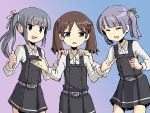  3girls adrian_ferrer brown_eyes brown_hair clenched_hand closed_eyes commentary cosplay dress grey_hair hair_ribbon hand_on_another&#039;s_shoulder kantai_collection kasumi_(kantai_collection) kasumi_(kantai_collection)_(cosplay) multiple_girls ooshio_(kantai_collection) open_mouth pinafore_dress ribbon ryuujou_(kantai_collection) side_ponytail silver_hair smile thumbs_up twintails 