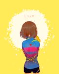  androgynous back black_shorts blood brown_hair cowboy_shot flower flowey_(undertale) frisk_(undertale) from_behind heart hollow_eyes hug injury legs_apart long_sleeves restrained scratches shirt short_hair short_shorts shorts soseji_(tjduswjd) striped striped_shirt thorns turtleneck undertale yellow_background 