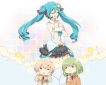  3girls :&gt; aqua_hair black_skirt blonde_hair blush closed_eyes collared_shirt curly_hair earphones earphones emblem eyebrows_visible_through_hair green_hair gumi hands_clasped hands_on_own_cheeks hands_on_own_face hatsune_miku headset holding hood hoodie iede_no_shounen_to_maigo_shoujo kagamine_rin long_hair long_sleeves multiple_girls musical_note navel necktie orange_sweater parted_lips quaver red_necktie shared_earphones shirt skirt sleeveless sleeveless_shirt star sweater tensei_shoujo_to_tensei_shounen thought_bubble triangle_mouth twintails very_long_hair vocaloid white_shirt wing_collar wrist_cuffs yunare zipper 