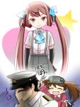  admiral_(kantai_collection) afterimage asagumo_(kantai_collection) ascot black_gloves blue_eyes brown_hair closed_eyes elbow_gloves facepalm gloves hair_ribbon hat japanese_clothes kantai_collection kariginu leg_up magatama military military_hat military_uniform motion_lines open_mouth pleated_skirt primary_stage ribbon ryuujou_(kantai_collection) shaded_face skirt smile star suspenders sweatdrop twintails uniform visor_cap 