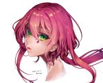  1girl 2016 akimaro_(apple-sower) artist_name bangs cropped_neck dated eyelashes floating_hair from_side green_eyes hair_between_eyes highres lips long_hair looking_at_viewer looking_to_the_side pink_hair shiny shiny_hair shione_lt simple_background solo utau white_background 