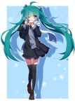  1girl :t ahoge aosaki_yato black_legwear blue_background blue_eyes eating full_body green_hair hatsune_miku highres loafers long_hair necktie one_eye_closed scarf school_uniform shoes skirt solo sweater_vest thigh-highs thigh_gap twintails very_long_hair vocaloid 
