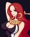  1girl absurdres artist_name baccarat_(one_piece) blue_background breasts cleavage coin dated earrings green_eyes highres jewelry large_breasts long_hair money necklace oliv one_piece one_piece_film_gold redhead simple_background solo teeth upper_body 
