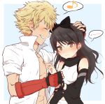  1boy 1girl abs black_bow black_hair blake_belladonna blonde_hair blush bow closed_eyes highres merry_(168cm) rwby smile sun_wukong_(rwby) sweat yellow_eyes 