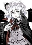  1girl ascot bat_wings brooch cape collared_shirt dress_shirt e.o. female frilled_shirt_collar frills hat hat_ribbon highres jewelry mob_cap monochrome open_mouth remilia_scarlet ribbon shirt short_hair simple_background solo spot_color touhou upper_body white_background wings 