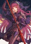  1girl bodysuit breasts covered_navel erect_nipples fate/grand_order fate_(series) gae_bolg hat holding holding_weapon large_breasts licking_lips long_hair looking_at_viewer mr_cloud pauldrons polearm purple_bodysuit purple_hair red_eyes scathach_(fate/grand_order) solo tongue tongue_out very_long_hair weapon 
