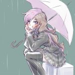  brown_eyes brown_hair hands_on_own_cheeks hands_on_own_face heterochromia highres iesupa neo_(rwby) pink_hair rain rwby school_uniform sitting umbrella violet_eyes 