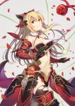  1girl armor armored_dress bare_shoulders blonde_hair bow breasts cleavage collarbone cowboy_shot criss-cross_halter detached_sleeves empty_eyes faulds flower from_side gauntlets granblue_fantasy hair_bow halter_top halterneck head_tilt kinoshita_neko long_hair looking_at_viewer medium_breasts midriff navel parted_lips ponytail red_eyes red_legwear rose skirt thigh-highs vira 