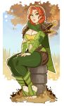  1girl breasts cape cleavage defense_of_the_ancients dota_2 green_eyes highres lyralei medium_breasts parted_lips pauldrons redhead smile solo splashbrush thick_thighs thighs toes 