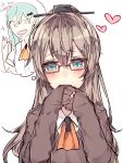  2girls blue_eyes blush brown_hair commentary ear_piercing earrings english eyebrows eyebrows_visible_through_hair glasses hands_on_own_face hands_together heart jewelry kantai_collection kumano_(kantai_collection) kvlen long_sleeves multiple_girls piercing red_glasses sketch stud_earrings suzuya_(kantai_collection) 