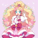  1girl blonde_hair blue_eyes bow character_name choker cure_flora dadadanoda earrings female flower flower_earrings gloves go!_princess_precure hand_on_own_chest haruno_haruka jewelry long_hair magical_girl multicolored_hair open_mouth pink_bow pink_hair precure simple_background skirt smile solo streaked_hair tiara two-tone_hair waving white_gloves 