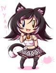  1girl animal_ears bell black_hair blue_eyes brown_eyes camisole cat_ears cat_tail chibi collar fangs heterochromia mazume multicolored_hair navel nyan original paw_pose tail white_background white_hair 