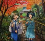  2girls :d backpack bag blouse blue_boots blue_eyes blue_hair blue_shirt blue_skirt boots broom closed_eyes detached_sleeves eyebrows_visible_through_hair frog_hair_ornament green_hair hair_bobbles hair_ornament hat holding_broom kawashiro_nitori key knee_boots kochiya_sanae leaf long_hair long_sleeves marker_(medium) millipen_(medium) multiple_girls open_mouth rubber_boots shiratama_(hockey) shirt short_hair shrine skirt smile snake_hair_ornament touhou traditional_media tree twintails two_side_up wall 