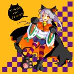  1girl :d alternate_headwear animal_ears bell blue_skirt cat_ears cat_feet cat_paws cat_tail checkered checkered_background eyebrows_visible_through_hair fang grey_hair halloween halloween_costume jack-o&#039;-lantern_hair_ornament japanese_clothes kamome kariginu long_hair long_sleeves looking_at_viewer mononobe_no_futo no_hat no_headwear open_mouth paw_pose paws pom_pom_(clothes) ponytail ribbon-trimmed_sleeves ribbon_trim simple_background skirt smile solo speech_bubble striped striped_legwear tail thigh-highs touhou trick_or_treat wide_sleeves yellow_eyes zettai_ryouiki 