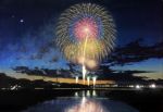  akashi_kaikyou blurry bridge city city_lights clouds commentary crescent_moon dark dusk fireworks graphite_(medium) ground_vehicle lake landscape moon night night_sky no_humans original photorealistic reflection sky summer traditional_media train water watercolor_(medium) 