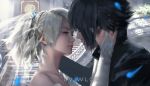  1boy 1girl artist_name black_hair blonde_hair bridal_gauntlets bridal_veil eye_contact feathers final_fantasy final_fantasy_xv hand_on_another&#039;s_face incipient_kiss looking_at_another lunafreya_nox_fleuret noctis_lucis_caelum veil wlop 