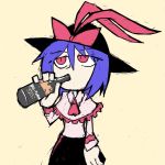  1girl alcohol ascot beer bow capelet drinking hat nagae_iku namesake product_placement purple_hair red_eyes setz simple_background sketch skirt solo touhou yellow_background 