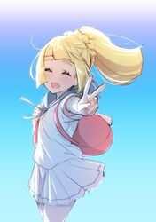  1girl :d ^_^ akira_(natsumemo) aqua_background armpit_peek backpack bag blonde_hair blue_background braid closed_eyes gradient gradient_background lillie_(pokemon) long_hair open_mouth pokemon pokemon_(game) pokemon_sm ponytail skirt smile solo v white_skirt 