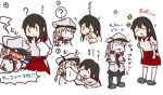  2girls akagi_(kantai_collection) betchan blonde_hair blue_eyes blush brown_eyes brown_hair cleaning cleaning_face closed_eyes commentary graf_zeppelin_(kantai_collection) handkerchief hat japanese_clothes kantai_collection long_hair military military_uniform multiple_girls numbered skirt sparkle steam thigh-highs translation_request twintails uniform white_background 