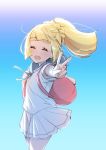  1girl akira_(natsumemo) backpack bag blonde_hair closed_eyes lillie_(pokemon) long_hair npc open_mouth pokemon pokemon_(game) pokemon_sm ponytail skirt solo v white_skirt 