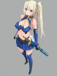  1girl bangs bare_shoulders blonde_hair blue_eyes blue_legwear blue_skirt boots breasts cleavage clenched_hand elbow_gloves full_body gloves grey_background hair_ribbon highres jpeg_artifacts large_breasts limalisha long_hair looking_at_viewer madan_no_ou_to_vanadis miniskirt pleated_skirt rasukaru ribbon scabbard sheath sheathed side_ponytail sidelocks skirt solo standing sword thigh-highs weapon 