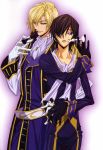  2boys belt biting black_hair blonde_hair blue_eyes board_game brothers chess chess_piece code_geass gloves hair_over_one_eye hand_on_hip highres hips lelouch_lamperouge male_focus military military_uniform multiple_boys official_art sakou_yukie scan scarf schneizel_el_britannia siblings smile uniform violet_eyes yaoi 