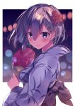  1girl alternate_costume blue_eyes blurry blush bokeh breasts closed_mouth colored_eyelashes depth_of_field eyelashes fan flower from_side hair_between_eyes hair_flower hair_ornament hairclip hamakaze_(kantai_collection) holding_fan japanese_clothes kantai_collection kimono kureaki_(exit) light_particles long_sleeves looking_at_viewer medium_breasts messy_hair obi outside_border paper_fan print_yukata red_flower sash shiny shiny_hair short_hair silver_hair smile solo uchiwa upper_body wide_sleeves yukata 