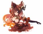  1girl animal_ears anthuria arm_behind_head artist_name bangs black_gloves breasts brown_dress brown_eyes brown_hair cleavage commentary dress elbow_gloves frilled_dress frills gloves gradient_hair granblue_fantasy hair_between_eyes hair_ornament large_breasts long_hair looking_at_viewer multicolored_hair orange_hair puffy_short_sleeves puffy_sleeves short_sleeves signature simple_background solo wavy_hair white_background yoo_(tabi_no_shiori) 
