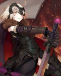  1girl absurdres ahoge armor beriko_(dotera_house) blonde_hair blush chains clenched_teeth cross fate/grand_order fate_(series) faulds flag fur_trim gauntlets gloves headpiece highres holding holding_sword holding_weapon jeanne_alter looking_at_viewer outstretched_arm ruler_(fate/apocrypha) sheath short_hair solo sparks sword teeth weapon yellow_eyes 