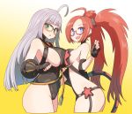 2girls ahoge ass asymmetrical_docking bangs bare_shoulders black_gloves blue_eyes blunt_bangs blush breast_press breasts cable character_request fingerless_gloves glasses gloves gradient gradient_background green_eyes highres large_breasts long_hair looking_at_viewer multiple_girls open_mouth red-framed_eyewear redhead revealing_clothes semi-rimless_glasses sideboob silver_hair simple_background smashing_the_battle smile star-shaped_pupils sumiyao_(amam) symbol-shaped_pupils twintails under-rim_glasses