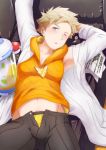  1boy adonis_belt blonde_hair blue_eyes bulge couch egg gluteal_fold groin jewelry labcoat looking_at_viewer lying male_focus nishikimaru on_back on_couch one_eye_closed paper pendant poke_ball pokemon pokemon_go pubic_hair sleeveless sleeveless_hoodie solo spark_(pokemon) stretch undone 
