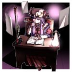  1girl book capelet crescent crescent_moon_pin dark_background desk dress frown hand_to_own_mouth hat kikoka_(mizuumi) lamp long_sleeves mob_cap paper patchouli_knowledge pen purple_hair quill shawl shoes sitting solo striped striped_dress touhou violet_eyes 