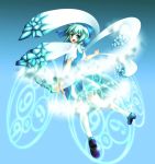  (9) 1girl alternate_wings aqua_eyes aqua_hair bad_id bow cirno fang female floating hair_bow highres ice kneehighs large_bow looking_back magic_circle open_mouth outstretched_arm phantasmagoria_of_flower_view rokushou_kokuu short_hair smile solo touhou white_legwear wings 